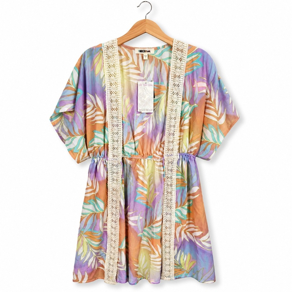 Miken Swim Cover Up Women Small Crocus Petal Peach Tropical Lace Trim Boho